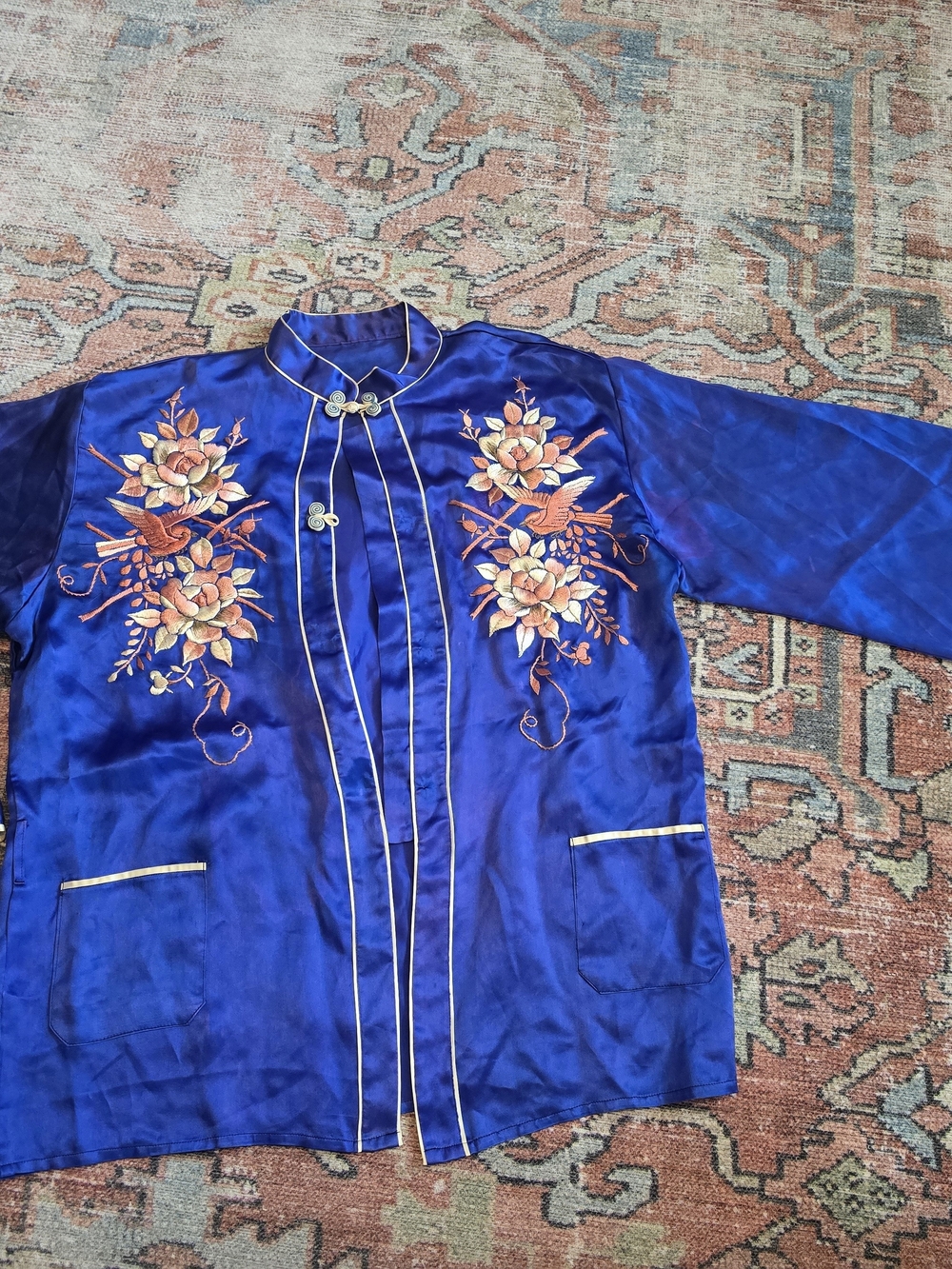 Blue Embroidered Satin Women's Top